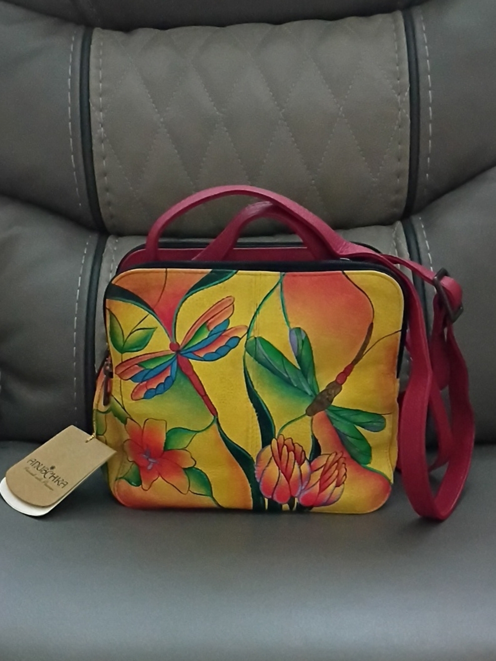 Anuschka Dragonfly Glass Painting Crossbody Bag